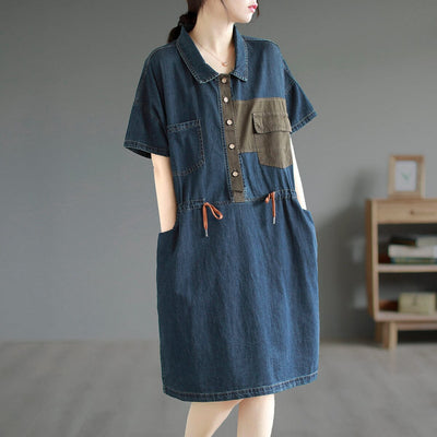 Summer Cotton Loose Casual Denim Mini Dress May 2023 New Arrival One Size Blue 