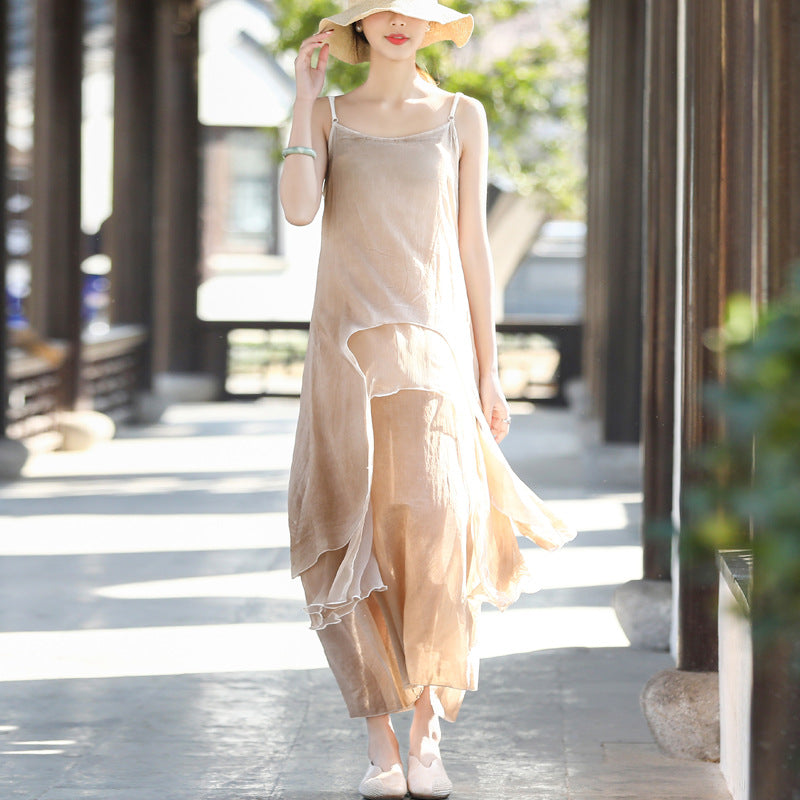 Summer Cotton Loose Sleeveless Adjustable Straps Dress