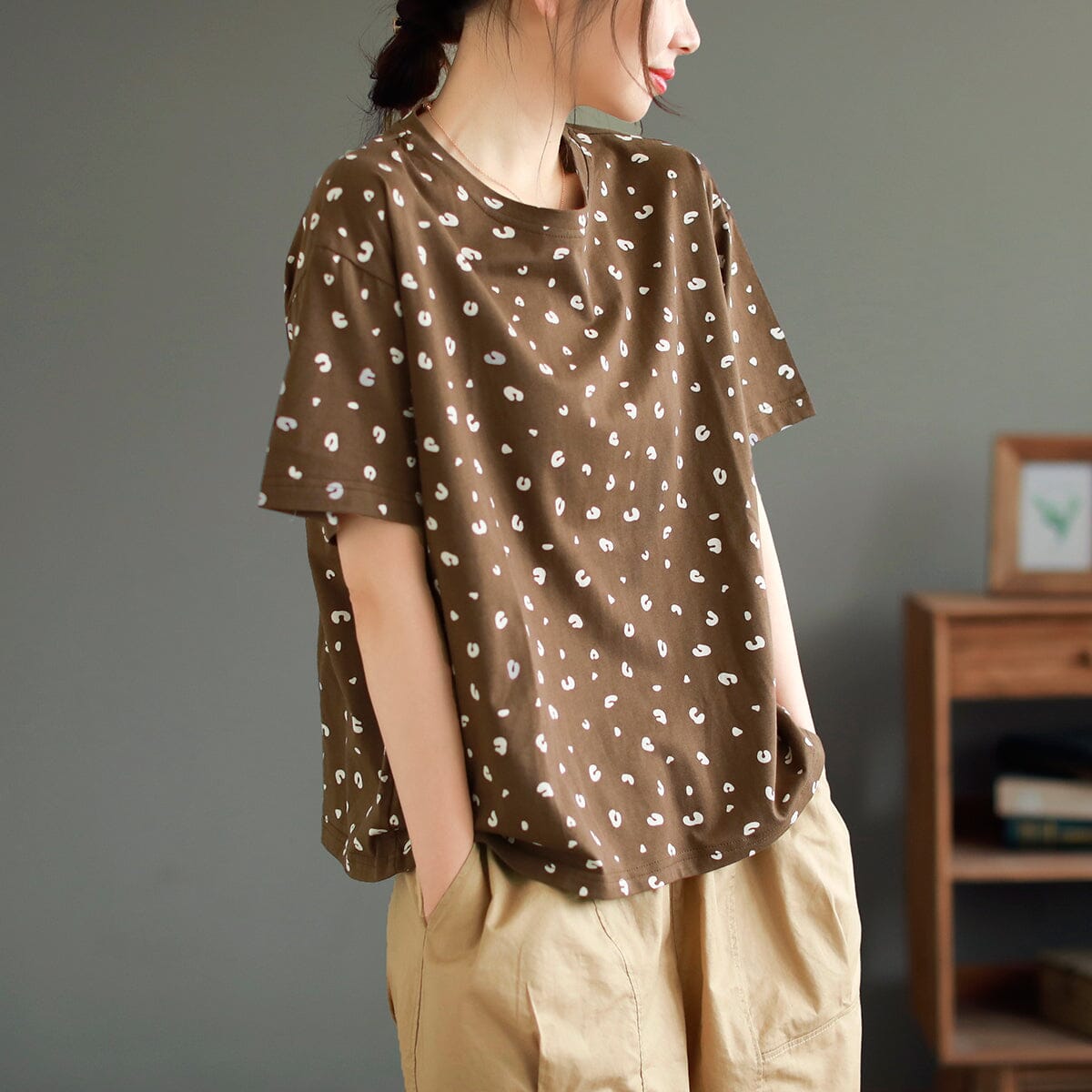 Summer Cotton Print Loose Casual T-shirt May 2023 New Arrival One Size Coffee 