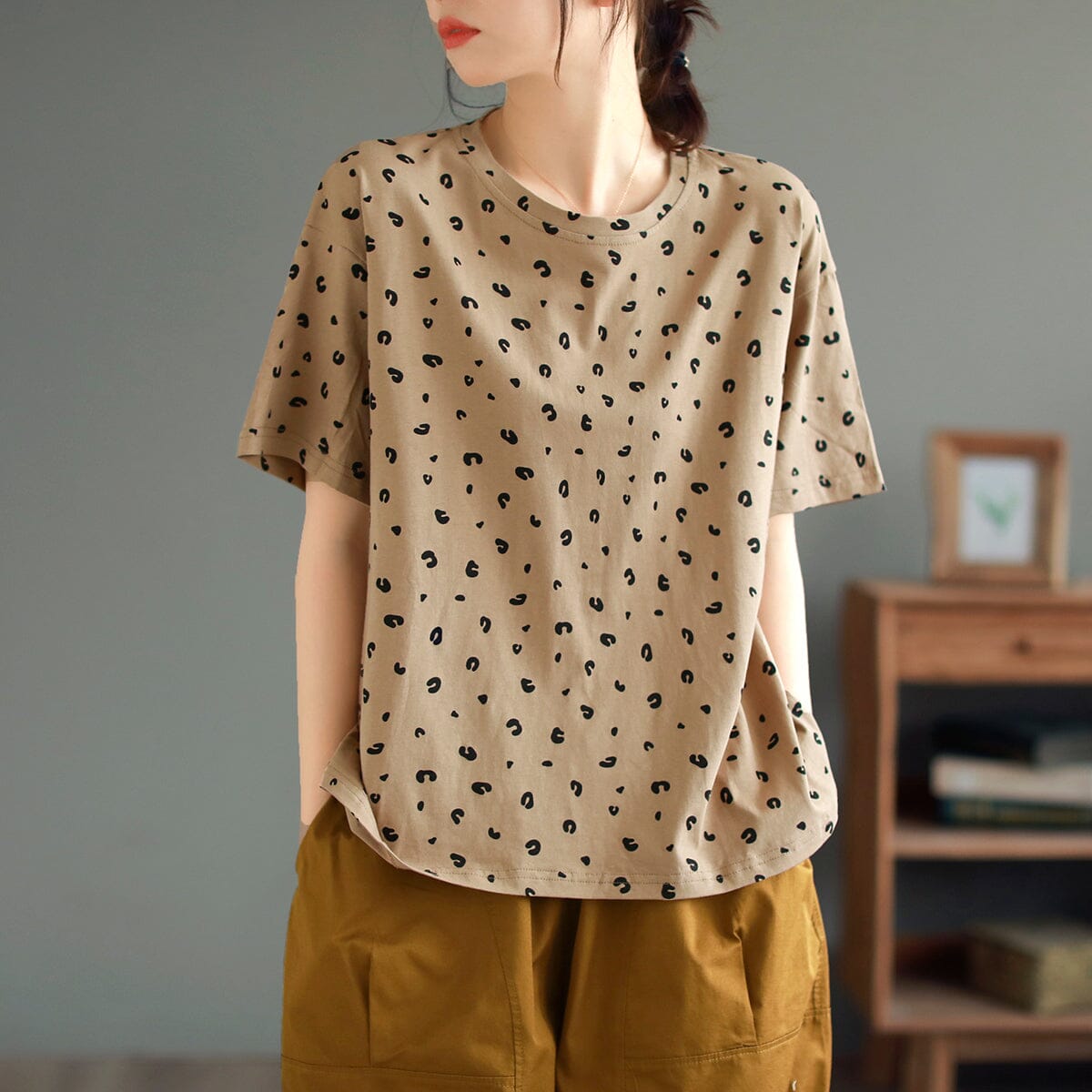 Summer Cotton Print Loose Casual T-shirt May 2023 New Arrival One Size Khaki 