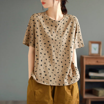 Summer Cotton Print Loose Casual T-shirt May 2023 New Arrival One Size Khaki 