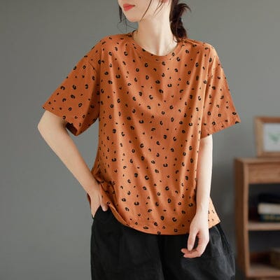 Summer Cotton Print Loose Casual T-shirt May 2023 New Arrival One Size Orange 
