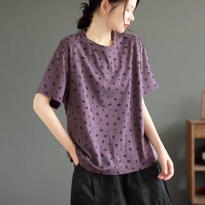 Summer Cotton Print Loose Casual T-shirt May 2023 New Arrival One Size Purple 