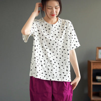 Summer Cotton Print Loose Casual T-shirt May 2023 New Arrival One Size White 