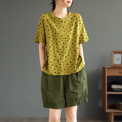 Summer Cotton Print Loose Casual T-shirt May 2023 New Arrival One Size Yellow 