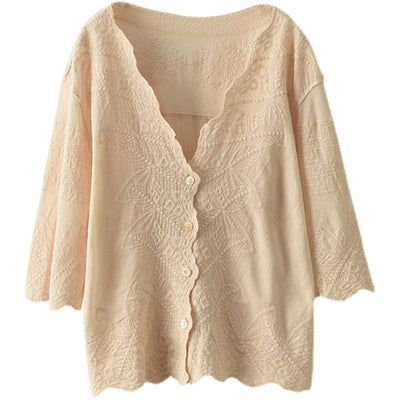Summer Embroidery Lace V-neck Sun Production Cotton Cardigan