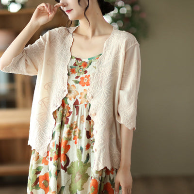 Summer Embroidery Lace V-neck Sun Production Cotton Cardigan May 2022 New Arrival One Size Apricot 