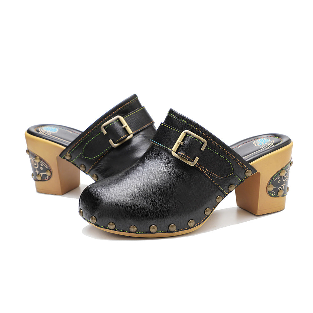 Summer Handmade Leather Retro Comfor High Heel Sandals
