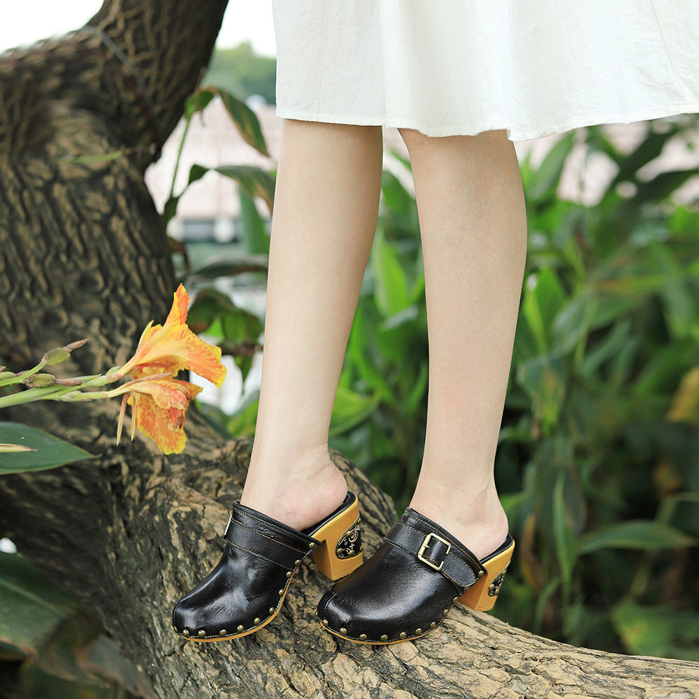 Summer Handmade Leather Retro Comfor High Heel Sandals