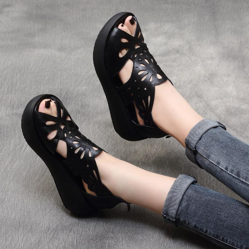 Summer Handmade Leather Retro Platform Hollow Sandals 2019 May New 35 Black 