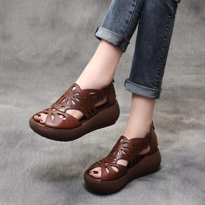 Summer Handmade Leather Retro Platform Hollow Sandals 2019 May New 35 Brown 