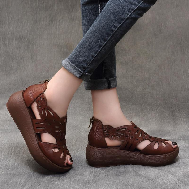 Summer Handmade Leather Retro Platform Hollow Sandals 2019 May New 