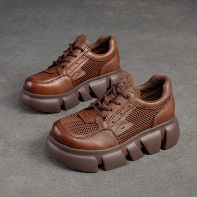 Summer Hollow Breather Leather Thick Solid Casual Shoes Apr 2023 New Arrival Brown 35 