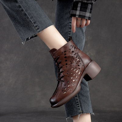 Summer Hollow Leather Chunky Lug Sole Boots Feb 2023 New Arrival 