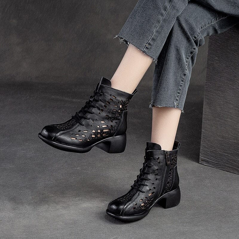 Summer Hollow Leather Chunky Lug Sole Boots Feb 2023 New Arrival 