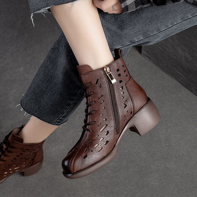 Summer Hollow Leather Chunky Lug Sole Boots