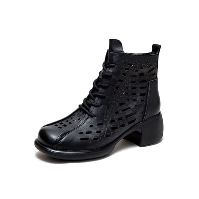 Summer Hollow Leather Chunky Lug Sole Boots Feb 2023 New Arrival Black 35 