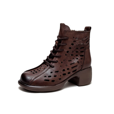 Summer Hollow Leather Chunky Lug Sole Boots Feb 2023 New Arrival Brown 35 