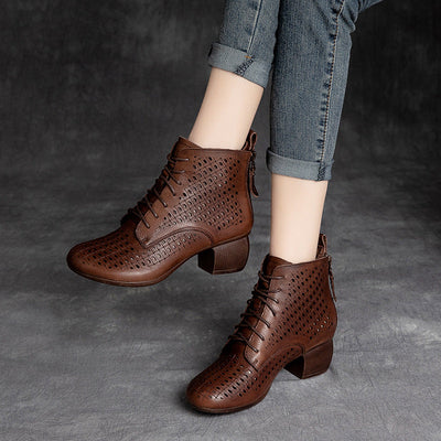 Summer Hollow Leather Retro Casual Wedge Boots