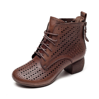 Summer Hollow Leather Retro Casual Wedge Boots
