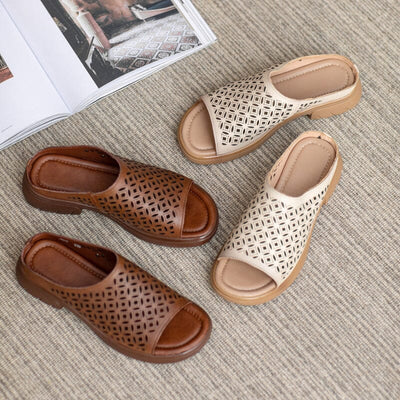 Summer Hollow Leather Retro Lug Sole Slippers Feb 2023 New Arrival 