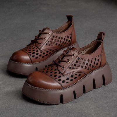 Summer Hollow Leather Solid Platform Casual Shoes Feb 2023 New Arrival Brown 35 