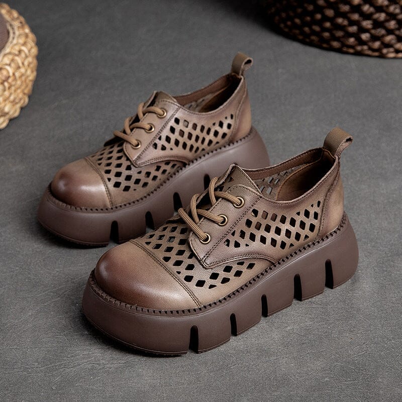 Summer Hollow Leather Solid Platform Casual Shoes Feb 2023 New Arrival Gray 35 