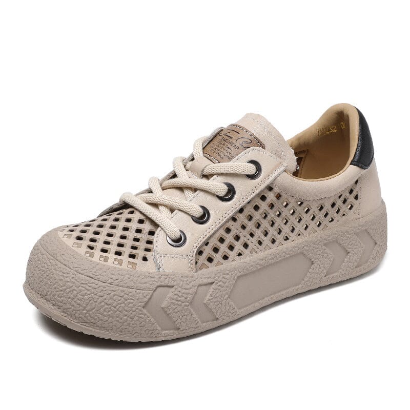 Summer Hollow Leather Thick Soled Casual Shoes Mar 2023 New Arrival Beige 35 