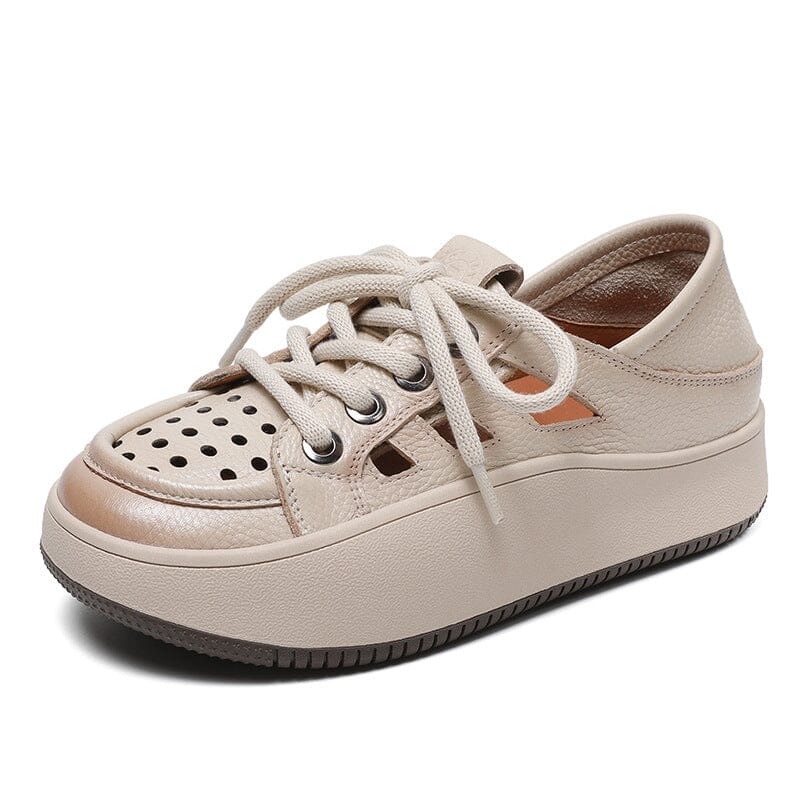 Summer Hollow Leather Thick Soled Casual Shoes May 2023 New Arrival Beige 35 