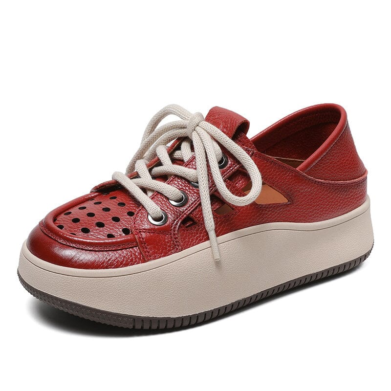 Summer Hollow Leather Thick Soled Casual Shoes May 2023 New Arrival Red 35 