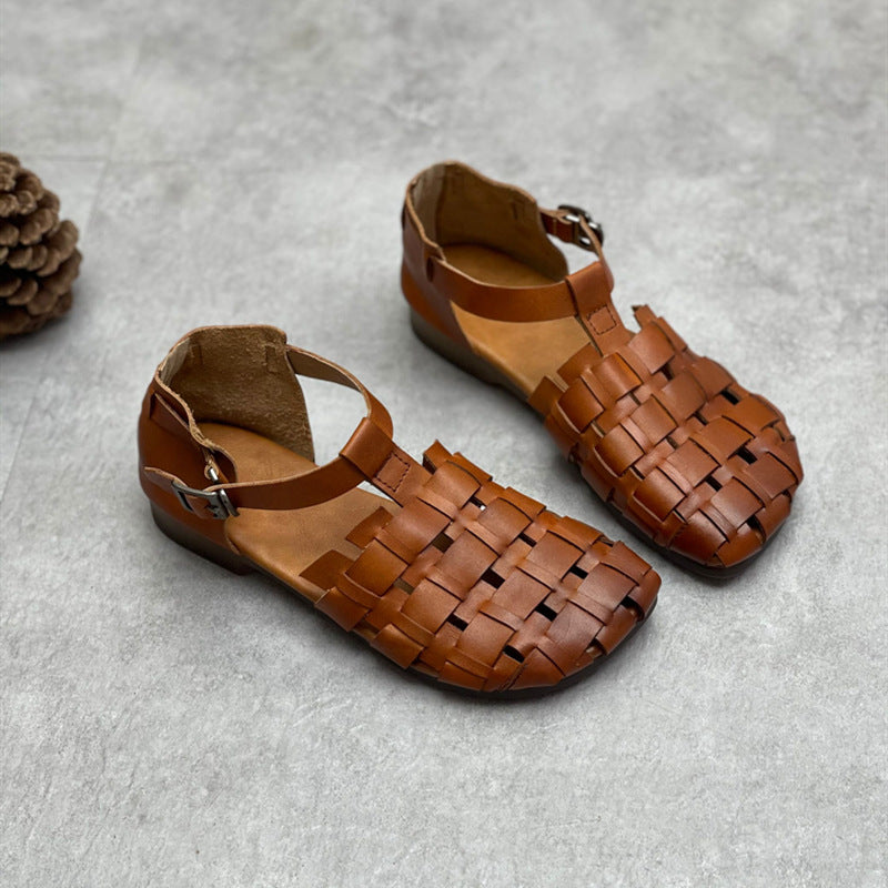 Summer Hollow Leather Women Vintage Sandals Apr 2022 New Arrival 
