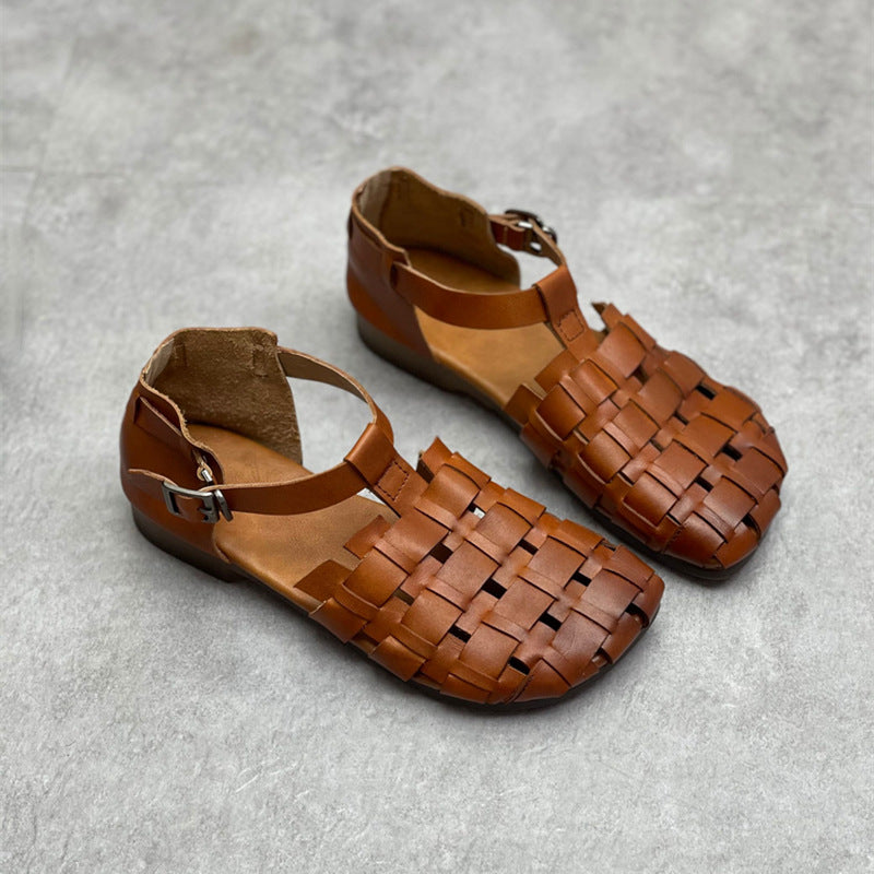 Summer Hollow Leather Women Vintage Sandals Apr 2022 New Arrival Brown 35 