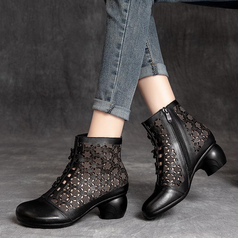 Summer Hollow Retro Leather Floral Fashion Boots