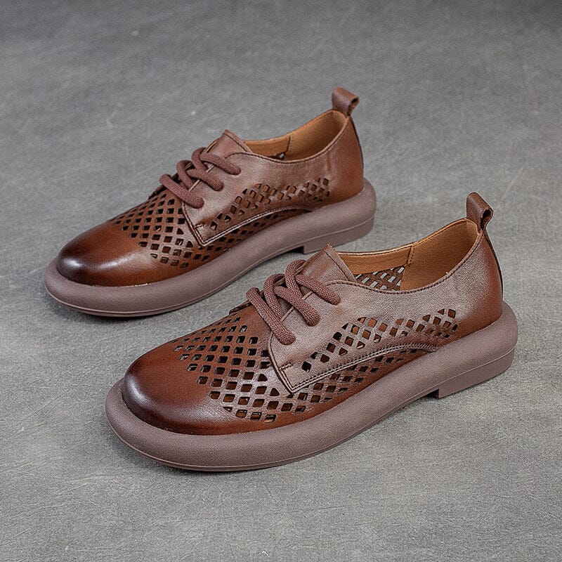 Summer Hollow Soft Leather Flat Casual Shoes Apr 2023 New Arrival Brown 35 