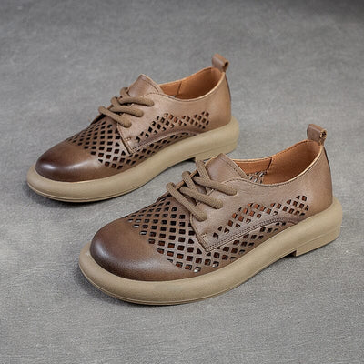Summer Hollow Soft Leather Flat Casual Shoes Apr 2023 New Arrival Khaki 35 
