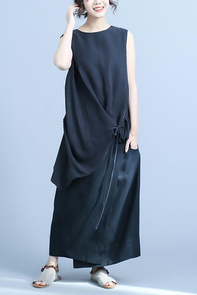 Summer Irregular Fake Two-Piece Sleeveless Silk Stitching Linen Dress 2019 April New 