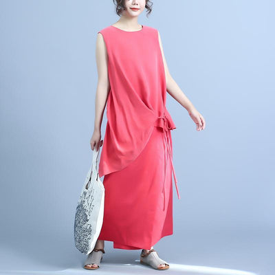 Summer Irregular Fake Two-Piece Sleeveless Silk Stitching Linen Dress