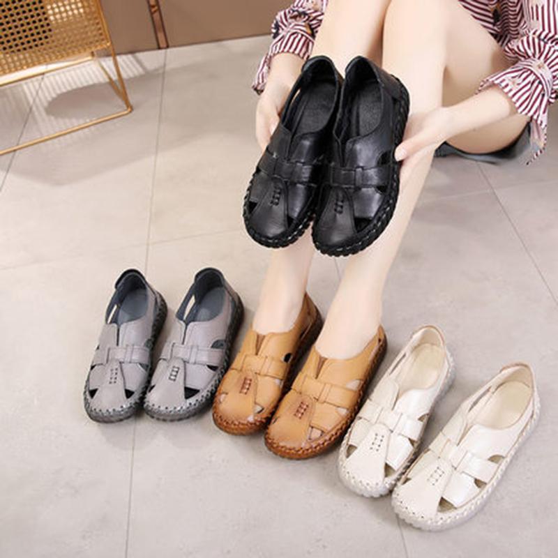 Summer Leather Hole Comfortable Flat Women Shoes 35-42