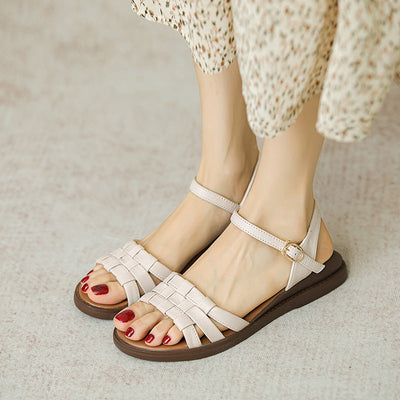 Summer Leather Plaited Casual Flat Sandals For Women Jul 2022 New Arrival Beige 35 