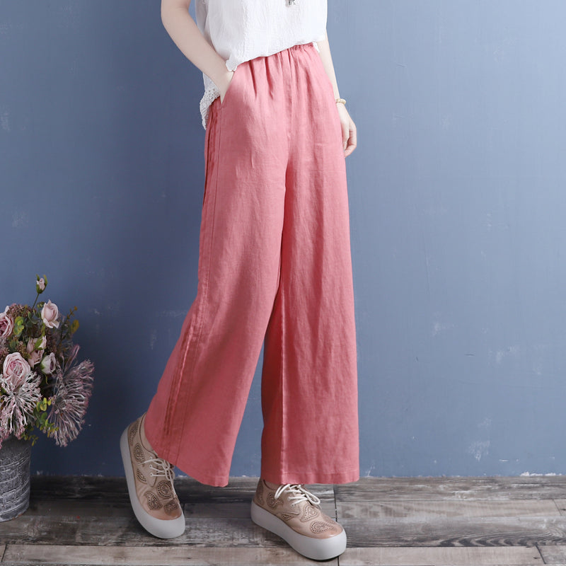 Summer Linen Casual Loose Wide-Leg Pants Jun 2022 New Arrival One Size Pink 