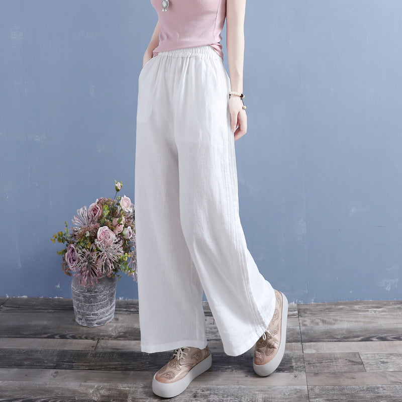 Summer Linen Casual Loose Wide-Leg Pants Jun 2022 New Arrival One Size White 