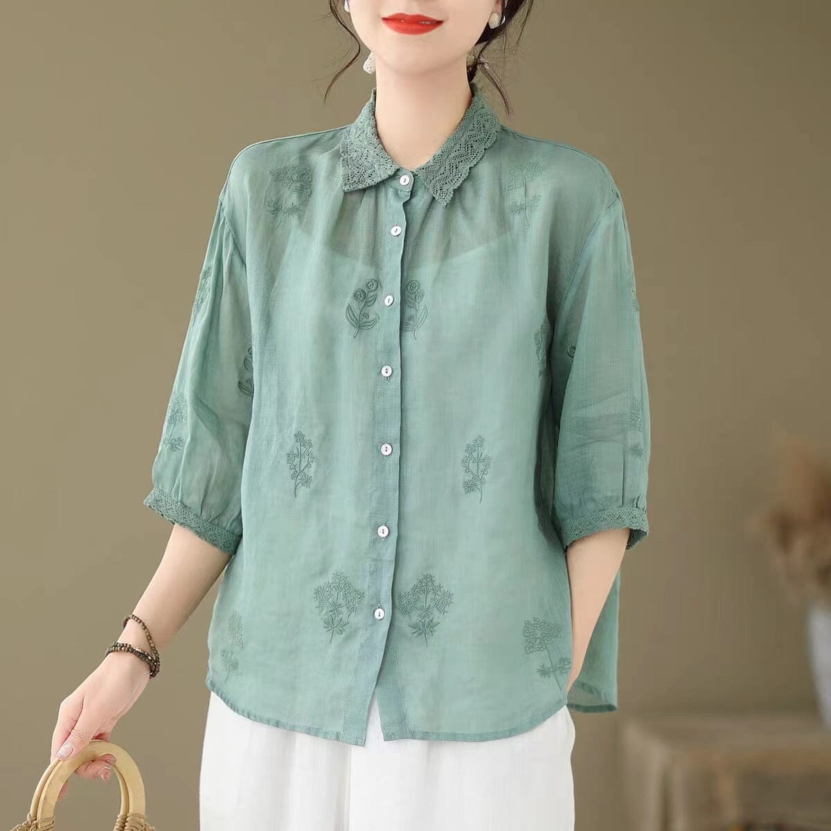 Summer Linen Casual Retro Embroidery Blouse May 2023 New Arrival 