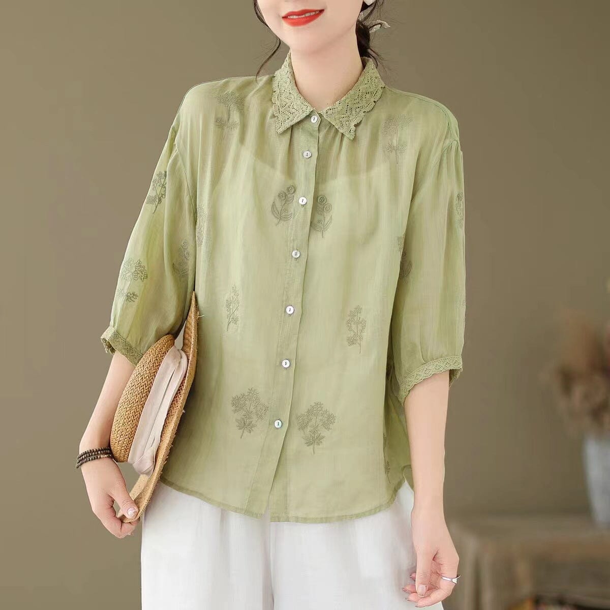 Summer Linen Casual Retro Embroidery Blouse May 2023 New Arrival 