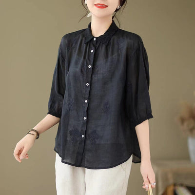 Summer Linen Casual Retro Embroidery Blouse May 2023 New Arrival Black One Size 