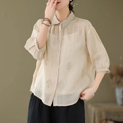 Summer Linen Casual Retro Embroidery Blouse May 2023 New Arrival Khaki One Size 
