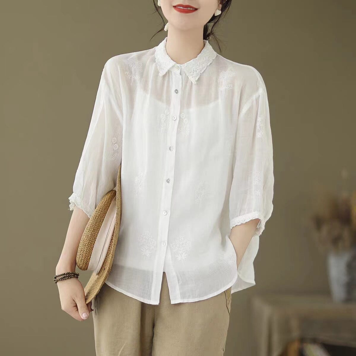 Summer Linen Casual Retro Embroidery Blouse May 2023 New Arrival White One Size 