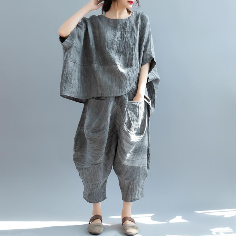 Summer Linen Suit Shirt + Harem Pants March 2021 New-Arrival One Size Gray 