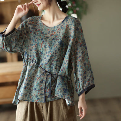 Summer Long Sleeve Thin Linen Retro Floral T-Shirt Jul 2022 New Arrival One Size Blue 