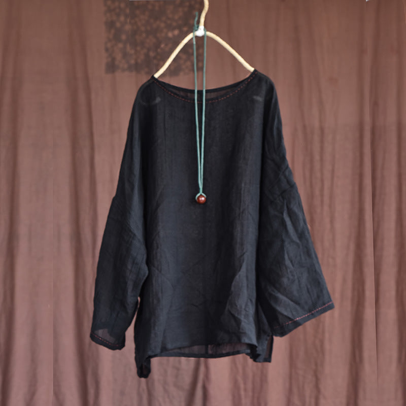 Summer Long Sleeve Thin Linen Retro Loose Blouse Jul 2022 New Arrival Black One Size 