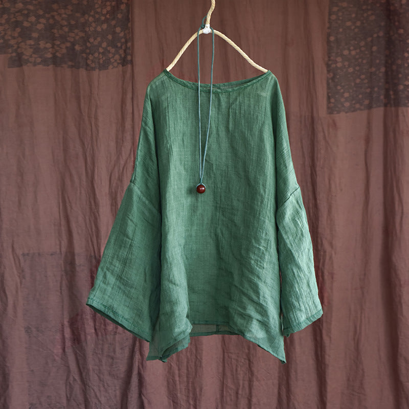 Summer Long Sleeve Thin Linen Retro Loose Blouse Jul 2022 New Arrival Green One Size 
